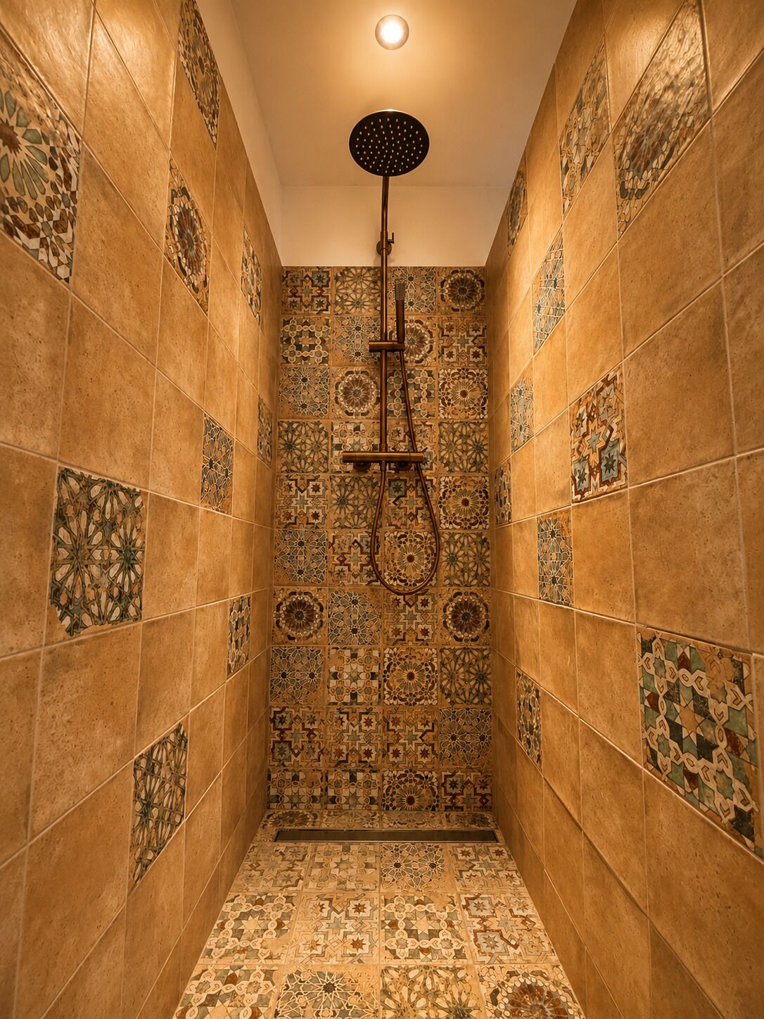 Een kleine douche ruimte met gedetailleerde tegels op de wanden en vloer, een douchekop in het midden, en een zichtbare afvoer.