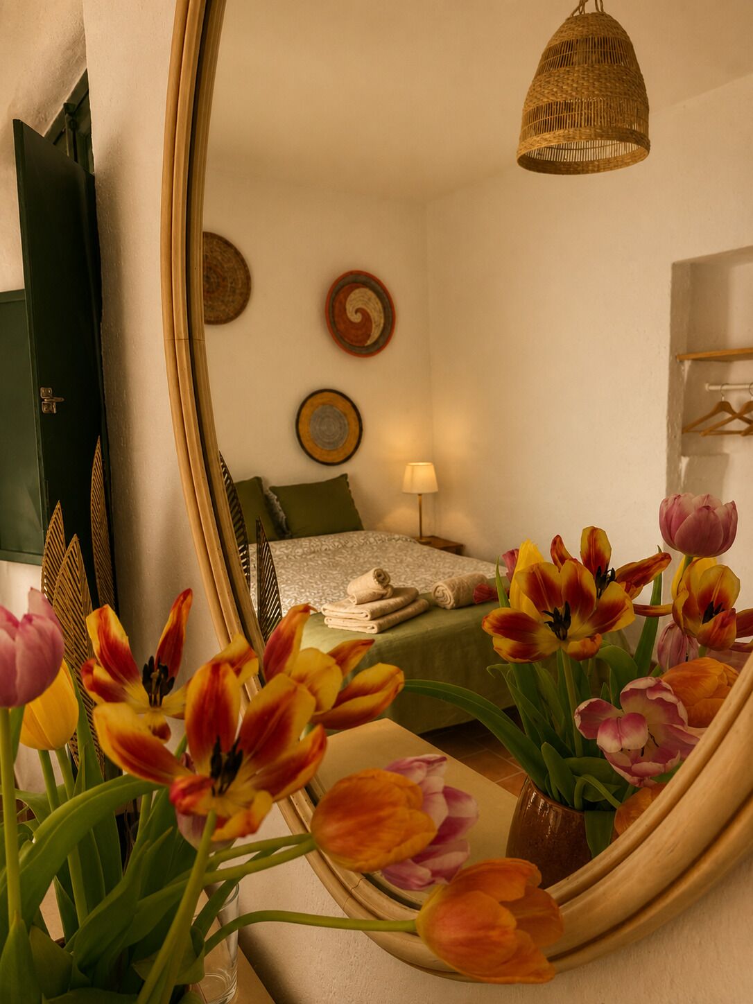 Une chambre à coucher comprenant un lit, un miroir, un luminaire suspendu et un mur orné de deux assiettes décoratives.
