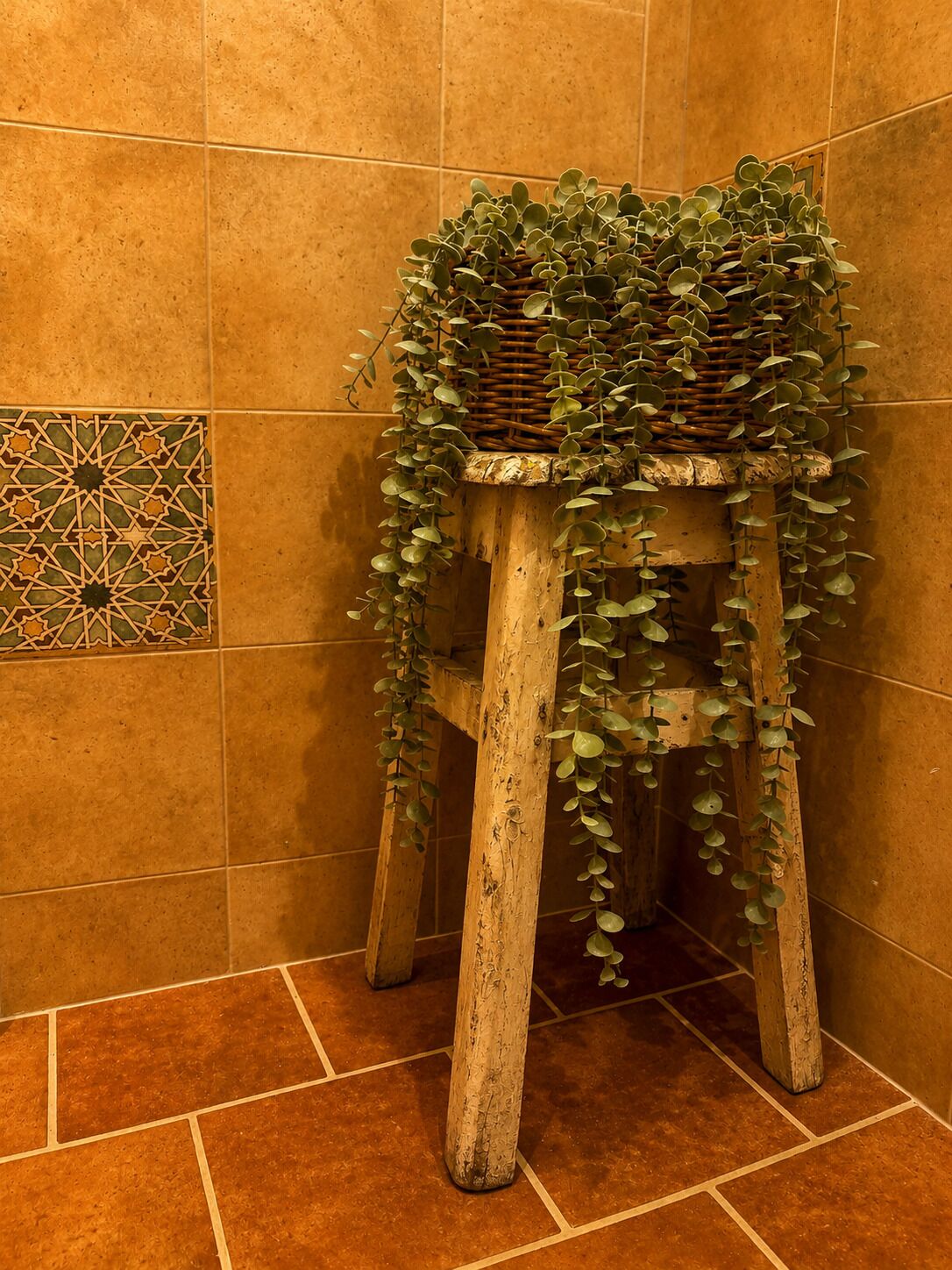 Een houten kruk met een geweven mand en groene planten, geplaatst tegen een betegelde muur met een geometrisch patroon.