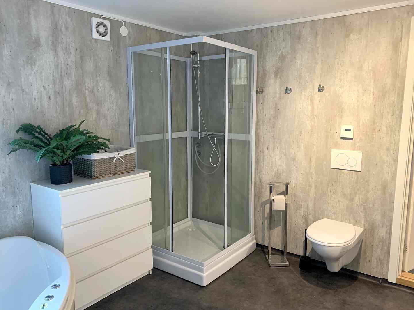 Douche, sèche-cheveux, serviettes fournies, savon