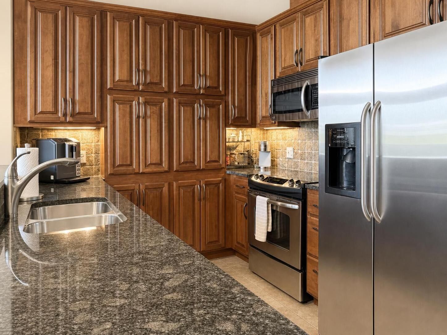 Una cocina con gabinetes de madera, electrodomésticos de acero inoxidable, encimera de granito y horno empotrado.