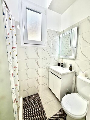 Dusche, Haartrockner, Handtücher, Seife