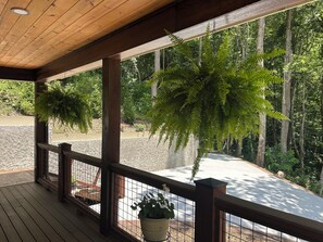 A wooden deck with a railing, a hanging fern, and a potted plant. - Beautiful getaway at “Maggie Valley Resort” (Maggie Valley)