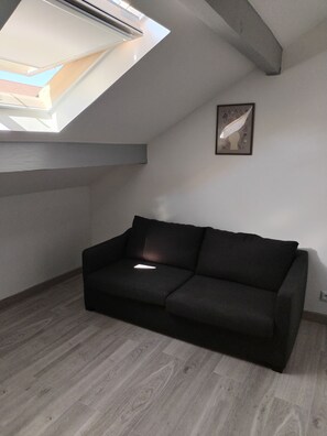 A room with a sloped ceiling, a black sofa, a framed picture on the wall, and a skylight. - Comfortable and well-equipped accommodations (Ville-la-Grand)