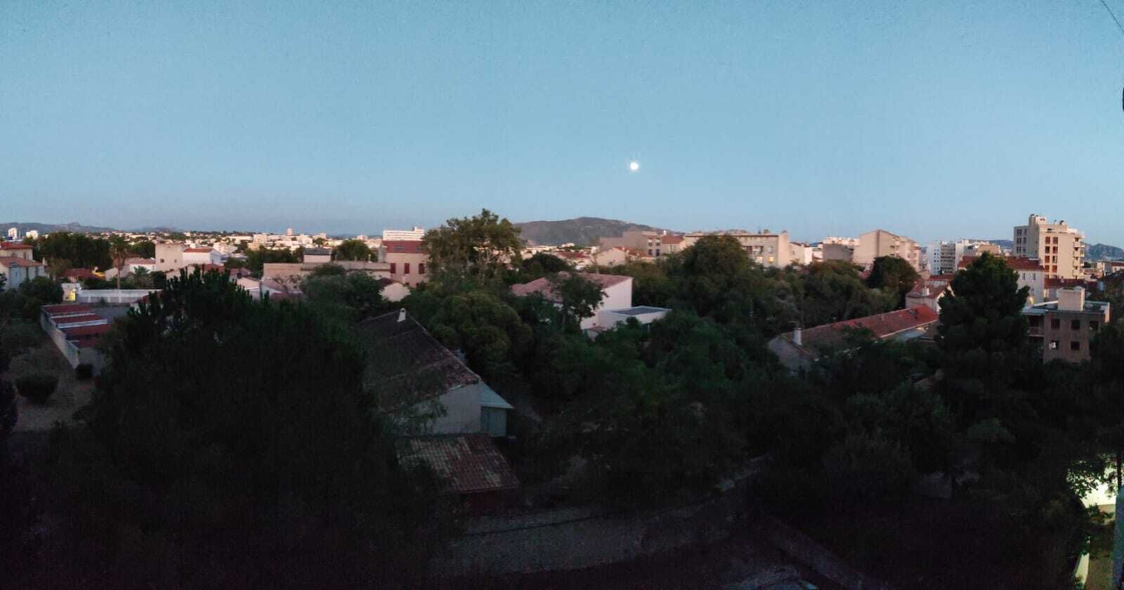 Un quartier résidentiel avec des maisons et des arbres, un ciel dégagé et une lune visible.