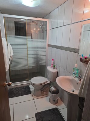 A bathroom with a toilet, sink, and shower area. - Green haven studio (Oranjestad)