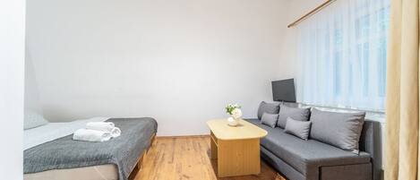A room with a bed, a sofa, a small table, and a TV.
