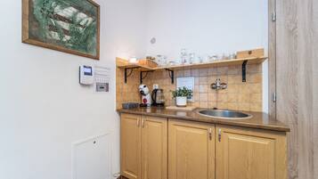 A kitchen with wooden cabinets, a stainless steel sink, a coffee maker, and a small potted plant.