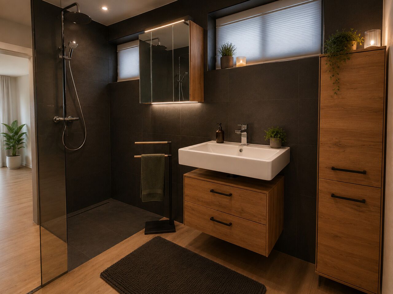 Une salle de bain moderne avec une douche à parois de verre, un meuble-lavabo en bois et un miroir au-dessus du meuble.