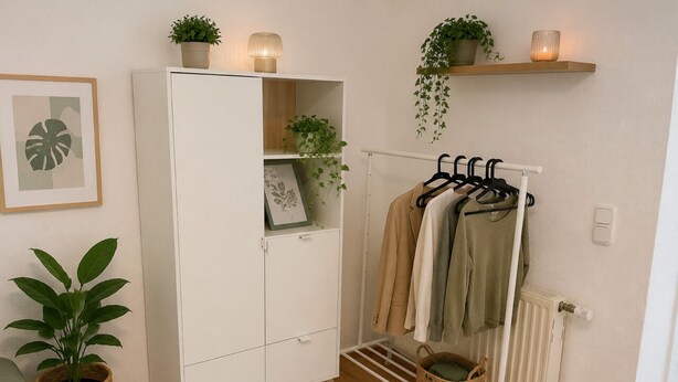 A room with a white wardrobe, a drying rack with clothes, a radiator, and potted plants. - Modern Apartment • 200 m to the lake • Parking Lot Wi-Fi (Möhnesee)