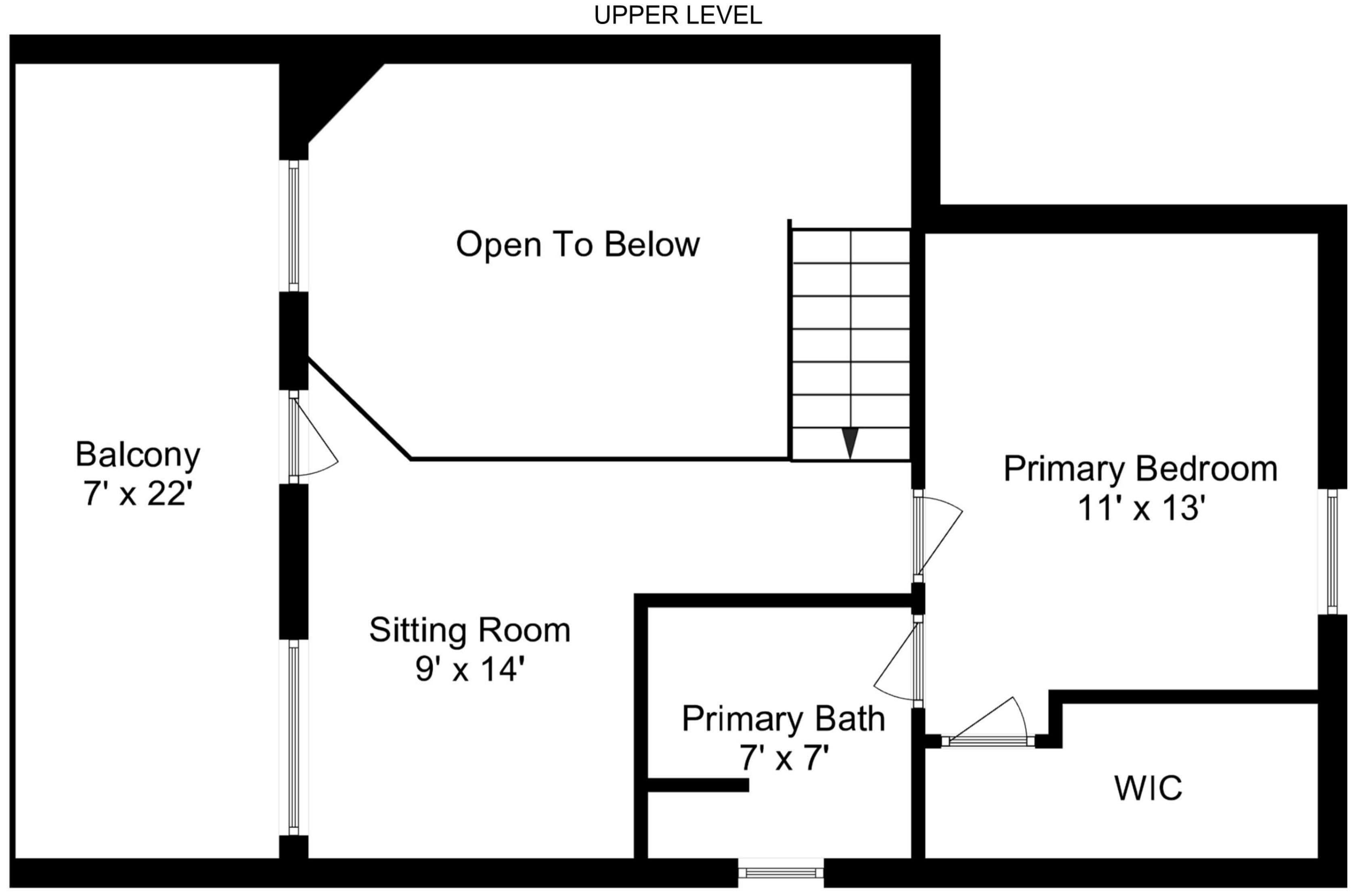 Ein Grundriss mit Balkon, Wohnbereich, Hauptschlafzimmer, Hauptbadezimmer und begehbarem Kleiderschrank.