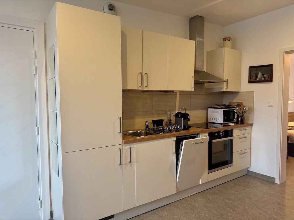 Coffee/tea maker, fridge, microwave, oven