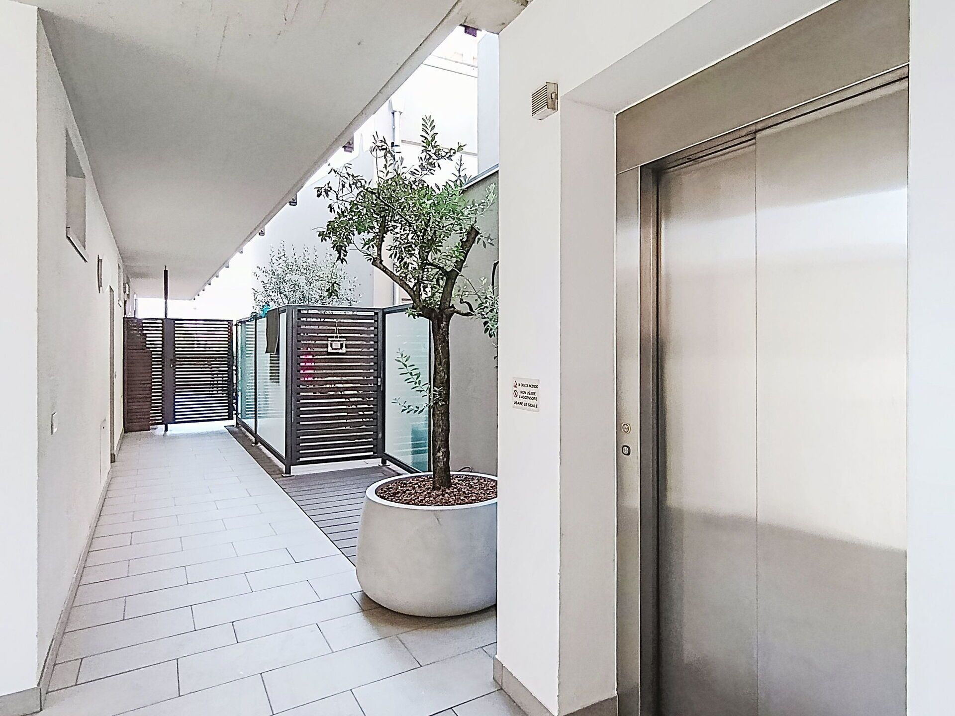 Un couloir avec un arbre en pot, une porte en métal et un sol carrelé.