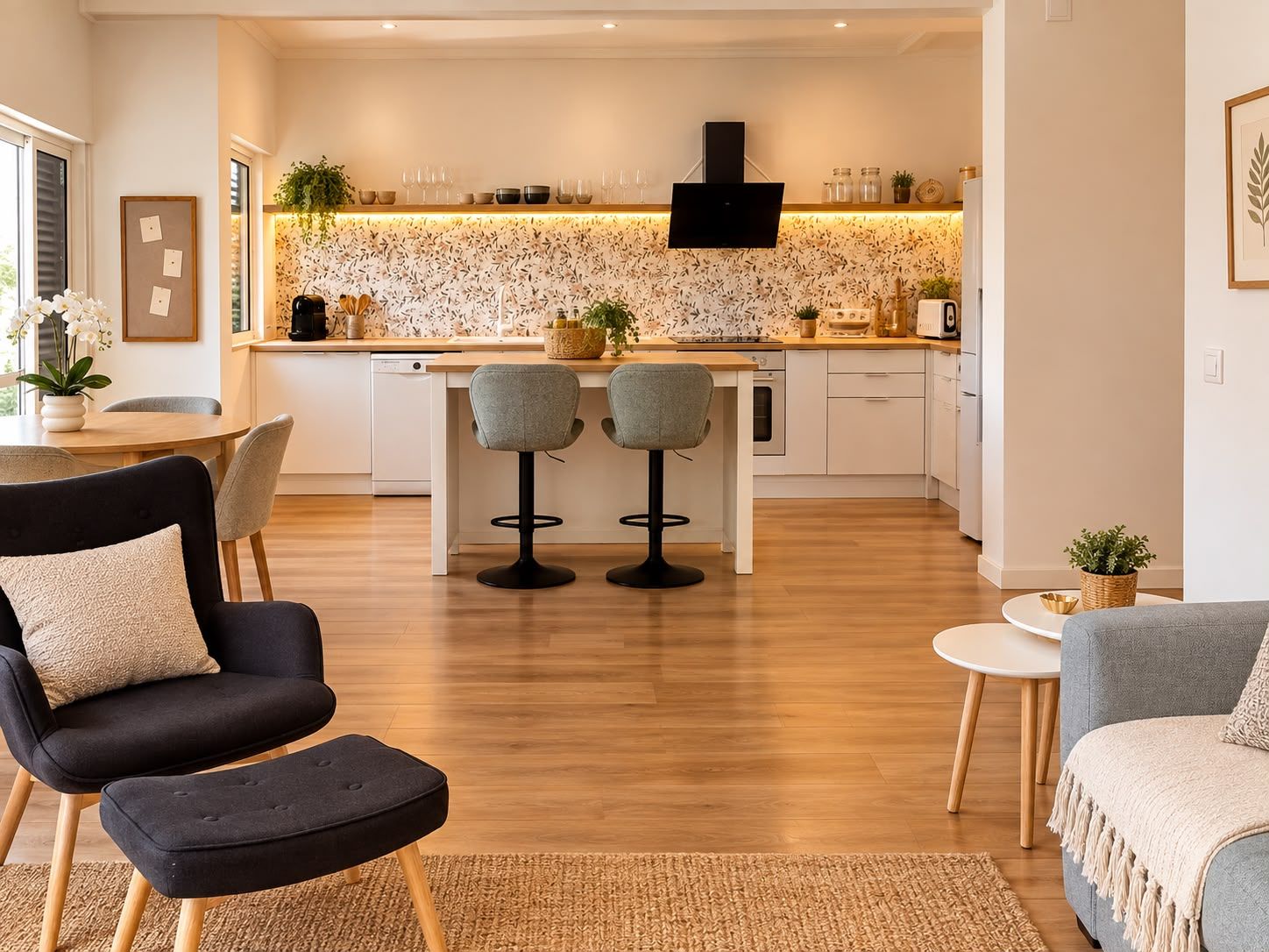 A modern kitchen with a central island, bar stools, and a dining area with a black chair and ottoman.