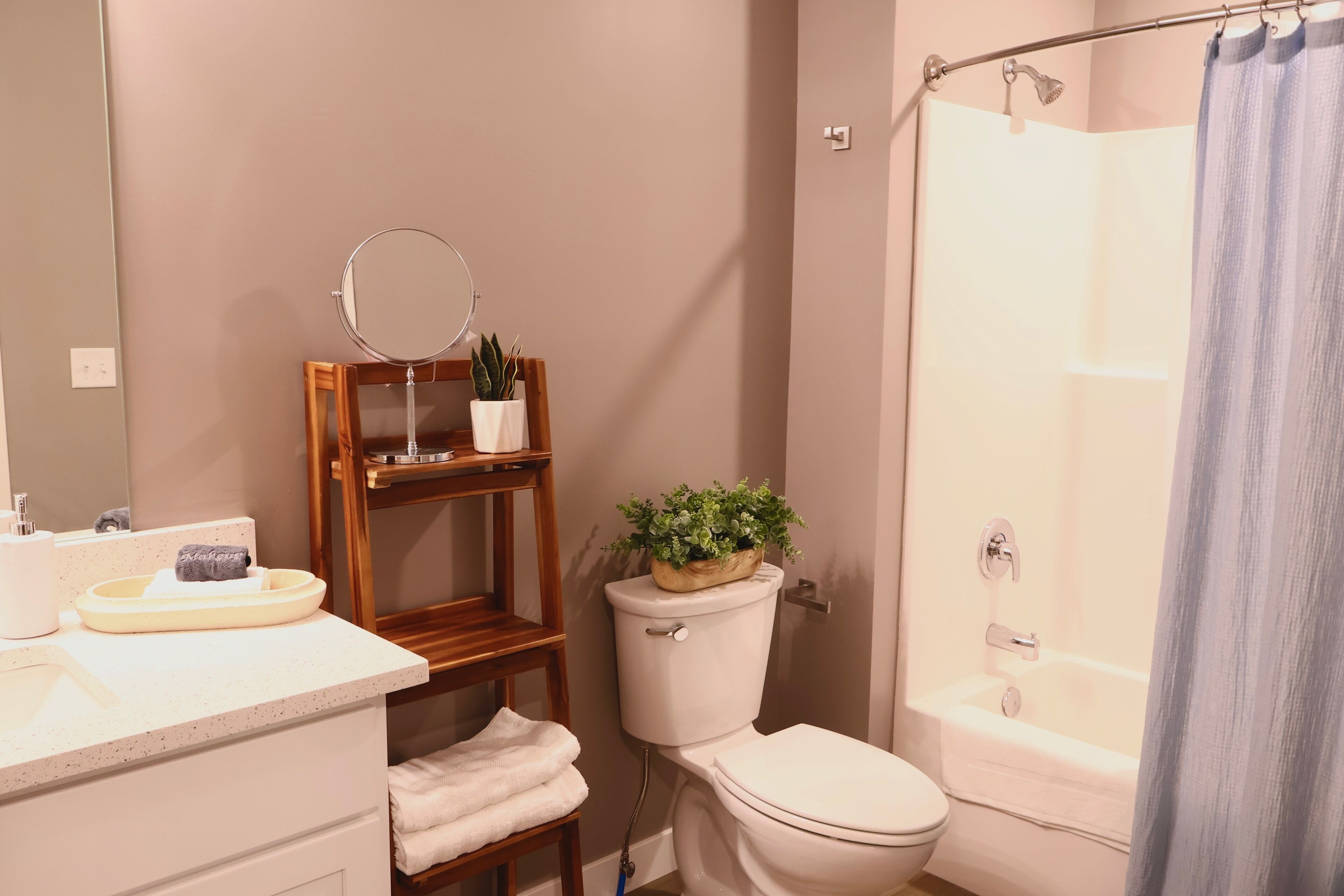 Un baño con inodoro, ducha, lavamanos, espejo y estante con una planta.
