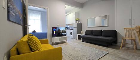 A living room with a sofa, a television, a washing machine, and a dining area.