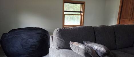 A room with a grey sofa, a black bean bag, and a window with blinds.