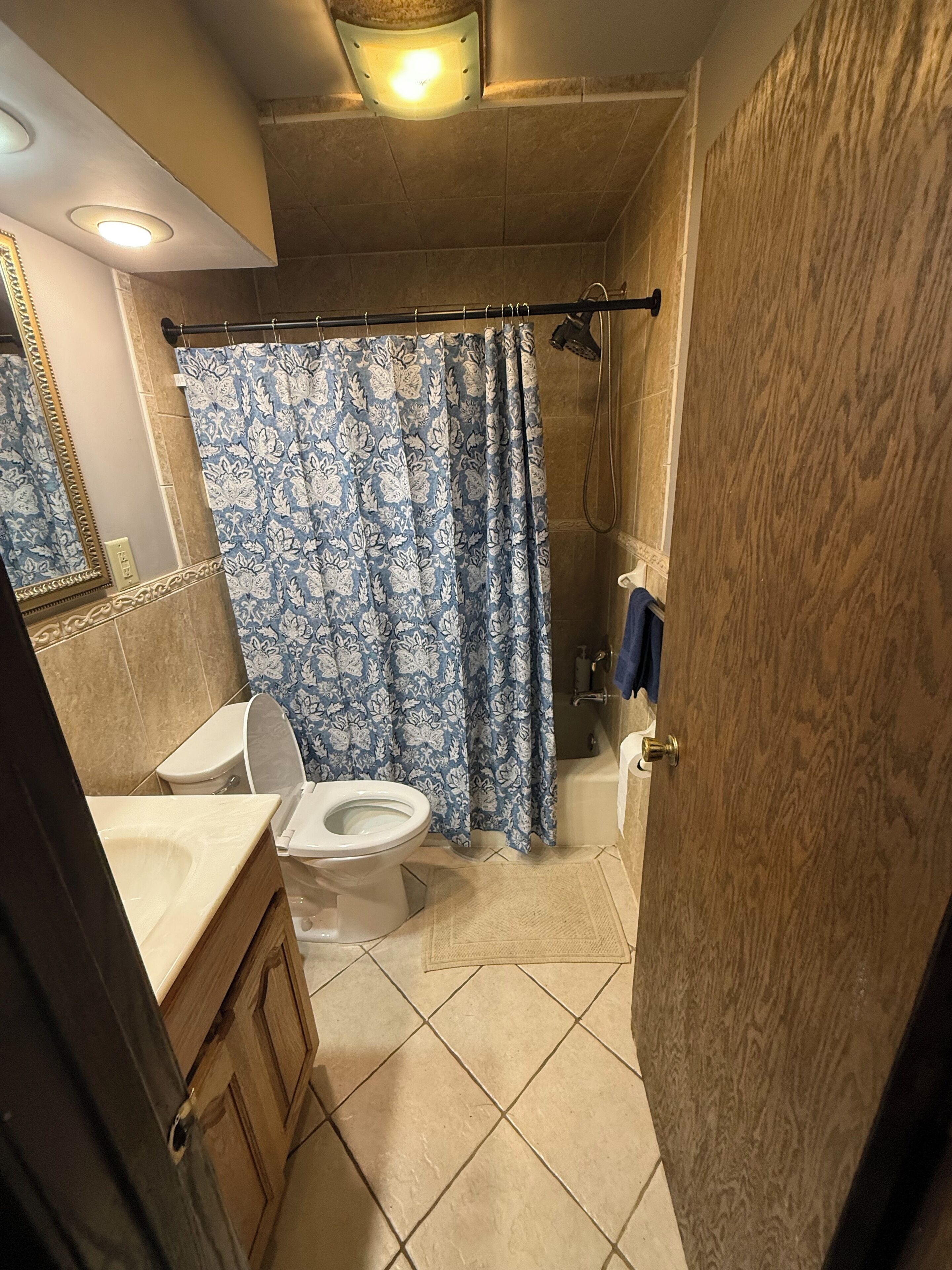 A bathroom with a toilet, a shower curtain, and a bathtub.