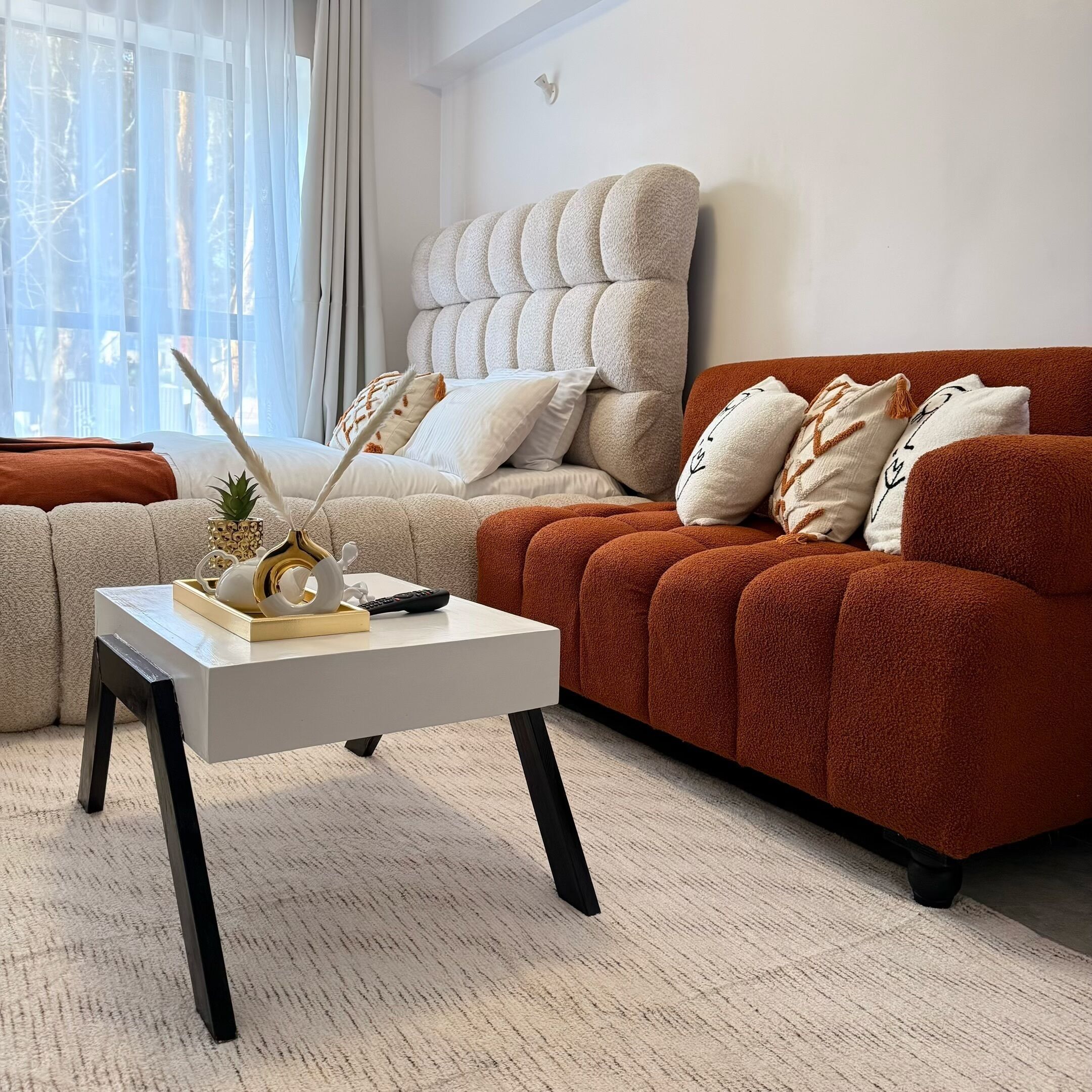 A living room with a sofa, a coffee table, and a decorative plant.