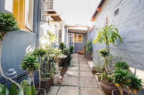 A narrow courtyard with potted plants, a stone pathway, and a building with a window and door.