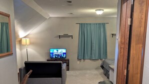 A living room with a television, a sofa, a lamp, and a trash bin. - Adorable studio with AC in charming Winfield (Winfield)