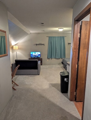 Ein Wohnzimmer mit Fernseher, einer Couch, einer Lampe und einem Mülleimer.