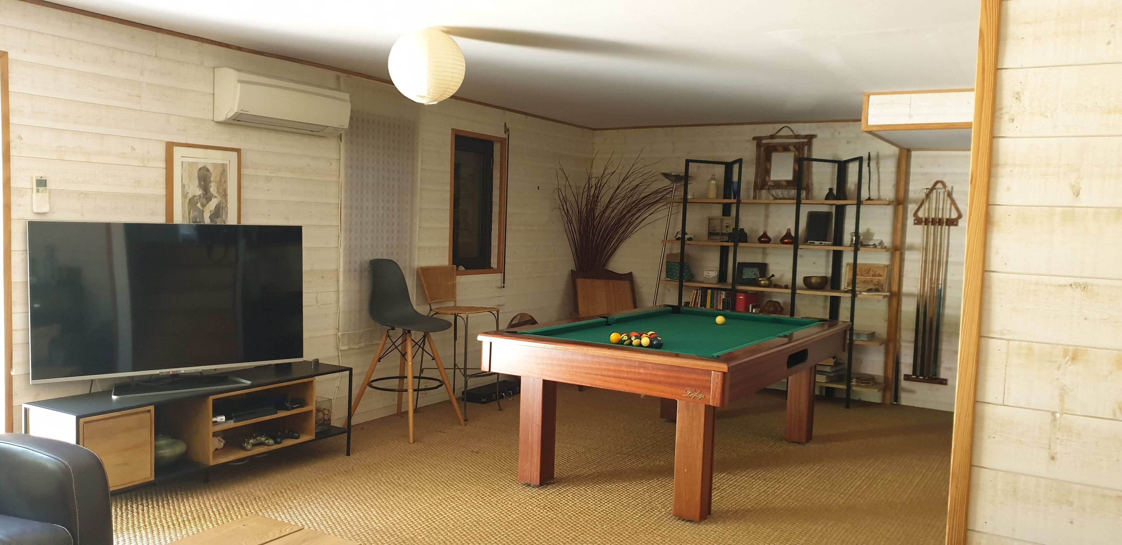 A room with a pool table, a television, a bookshelf, and a chair.