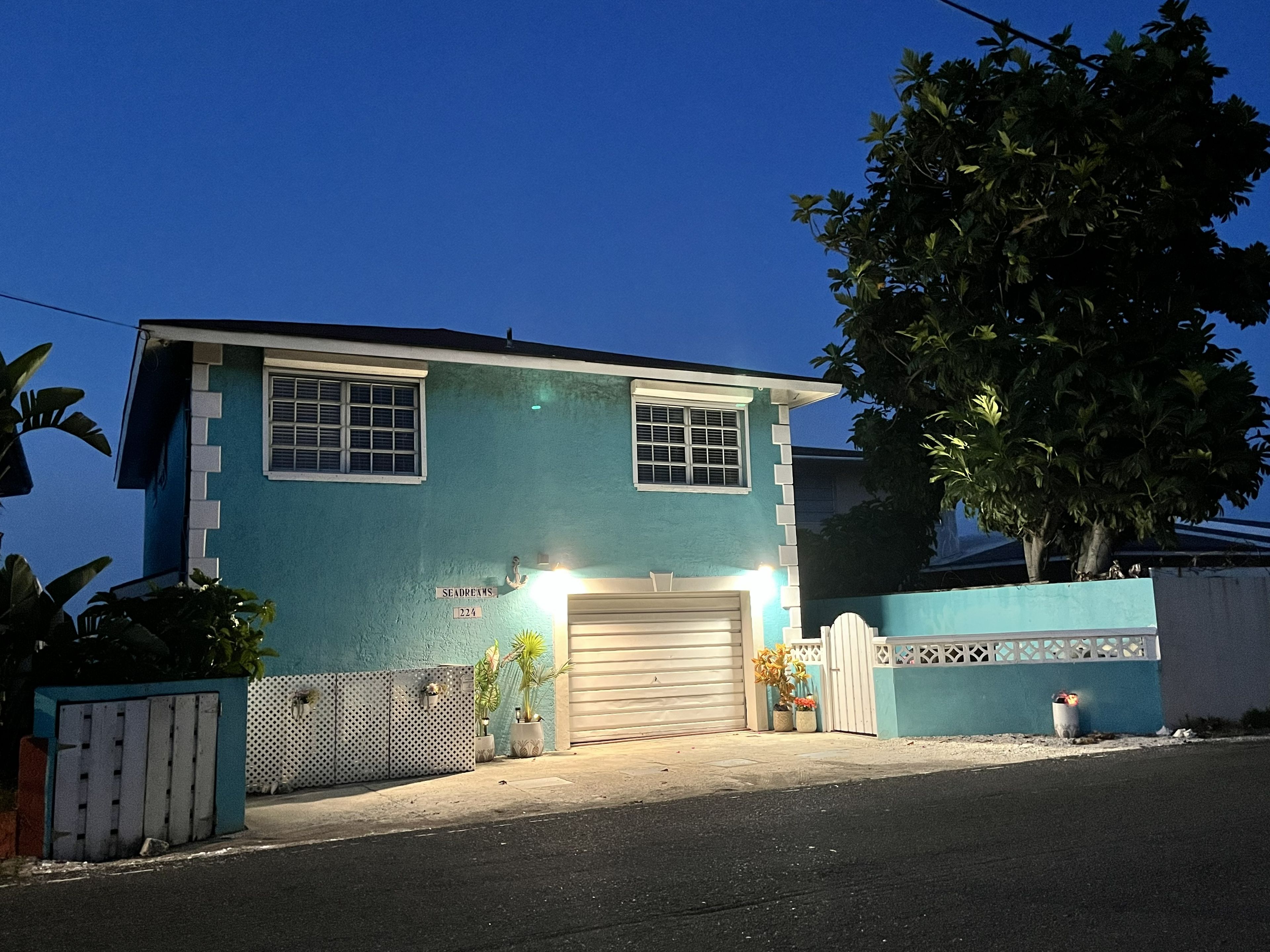 A two-story house with a garage, a fenced yard, and a tree.
