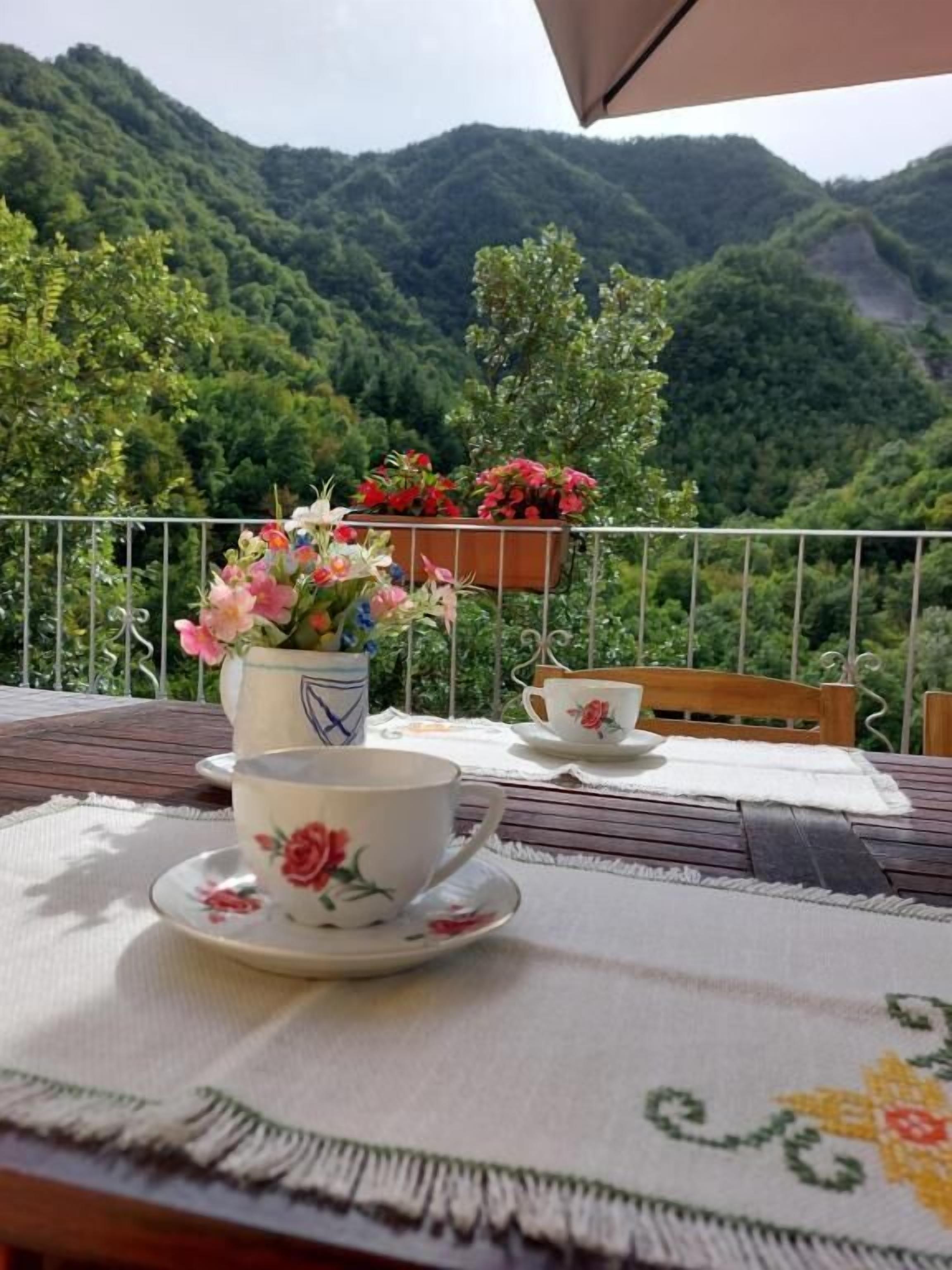 Una mesa con una taza y platillo, un jarrón con flores y una silla de madera en un balcón con vista a colinas verdes.