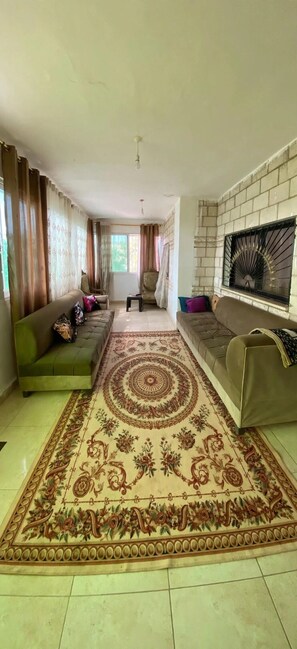 A living room with a patterned carpet, sofas, a fireplace, and a view of the outdoors.