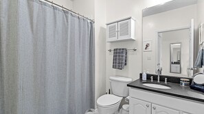 Hair dryer, towels, soap, toilet paper