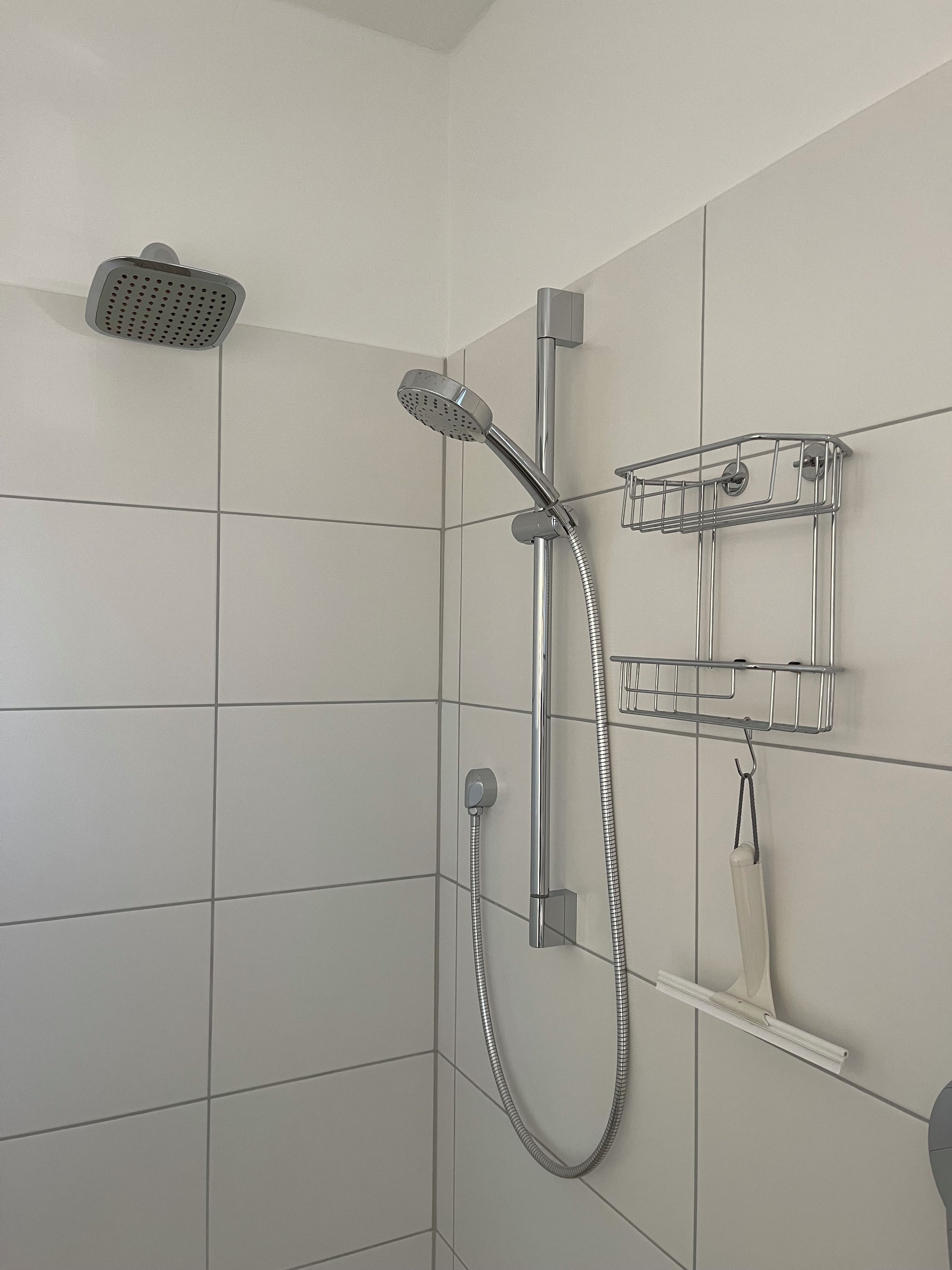 Eine Dusche mit einer Handbrause, einem Wandarmaturen und einem Metallregal mit Haken.