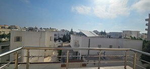 Un toit-terrasse doté d’une rambarde en métal, de panneaux solaires et offrant une vue sur un ciel dégagé.