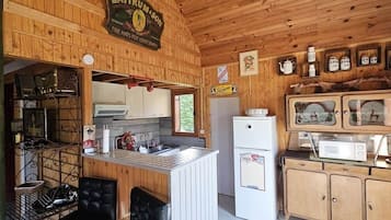 A compact kitchen with a refrigerator, microwave, and a sink.