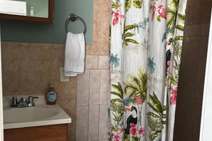 Ein Badezimmer mit Waschbecken, Handtuchhalter, einer Seifenflasche und einer Duschvorhang mit tropischem Muster.