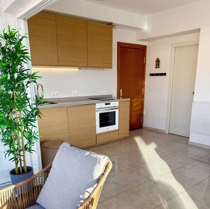 Eine moderne Küche mit Holzschränken, einem eingebauten Backofen und einem Blumentopf.