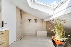 A modern bathroom with a skylight, a shower, a toilet, and a small plant on the wall. - Spacious Apartment 2ch/6p - Boulogne-billancourt (Boulogne-Billancourt)