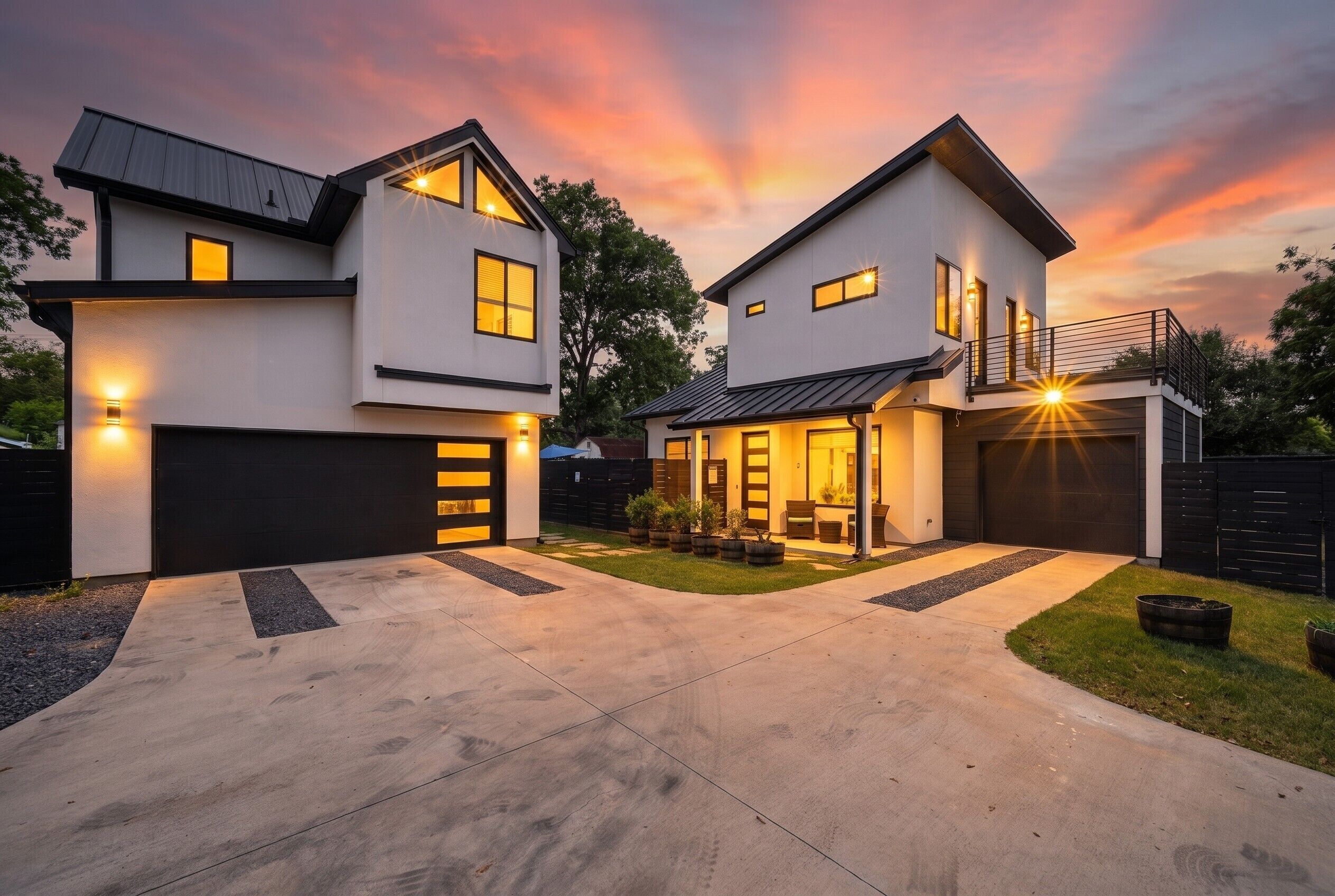 A modern two-story house with a driveway leading to a garage, surrounded by a well-maintained lawn and a wooden fence.
