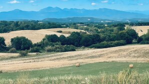 A rural landscape with rolling hills, scattered trees, and distant mountains under a clear sky.