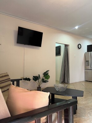 Un salon avec un canapé, une petite table sur laquelle se trouve un saladier, une plante en pot, un téléviseur à écran plat fixé au mur, et un coin cuisine à l’arrière-plan.