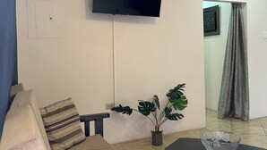 Uma sala de estar com televisão de tela plana na parede, um sofá com almofadas, uma mesa de centro e um vaso de planta.
