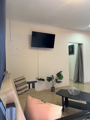 Ein Wohnzimmer mit Flachbildfernseher an der Wand, einer Couch mit Kissen, einem Couchtisch und einer Zimmerpflanze.