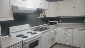 Una cocina con armarios blancos, estufa, lavaplatos y microondas.