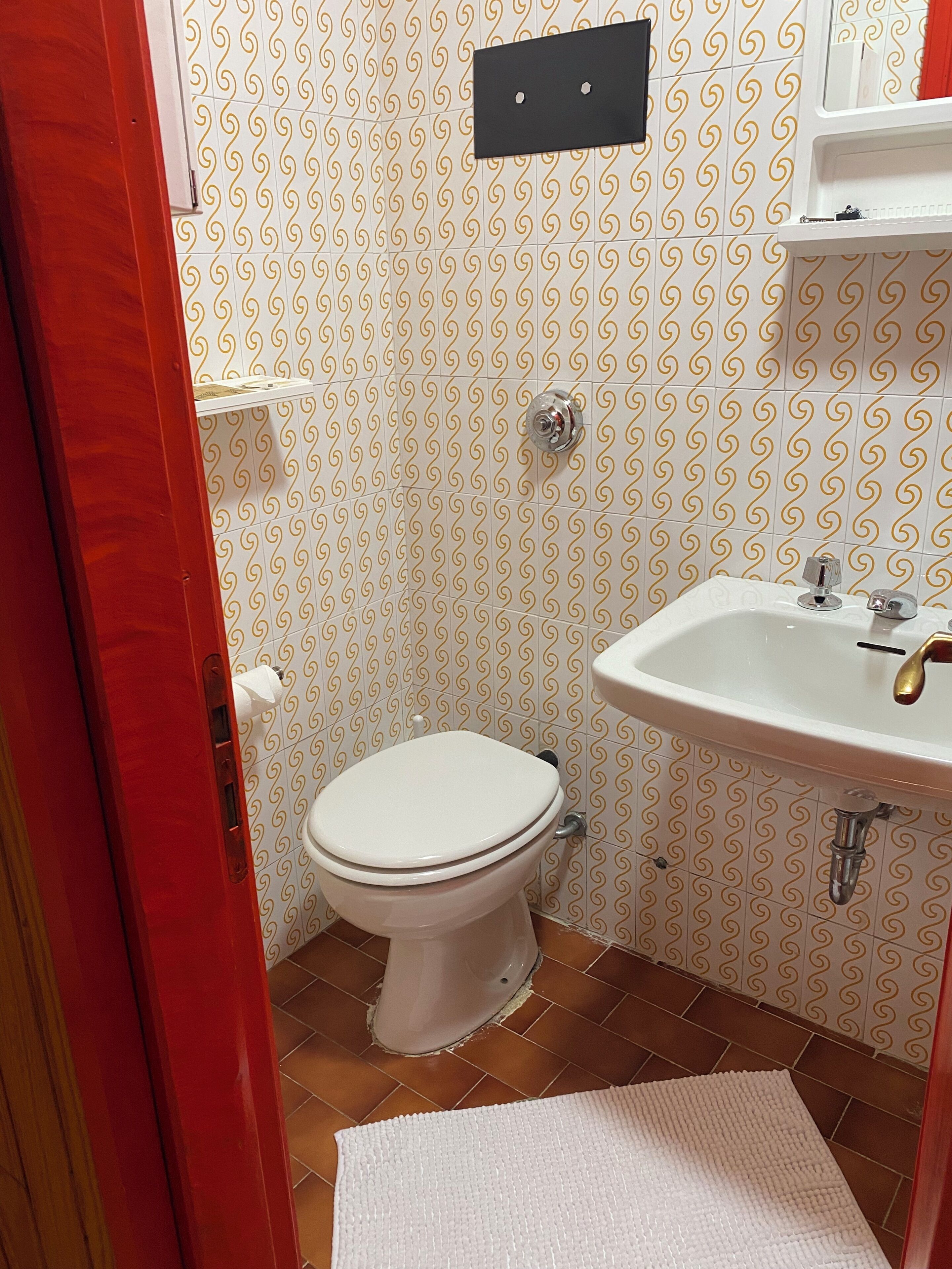 Ein Badezimmer mit Toilette, Waschbecken und Fliesen mit Muster.