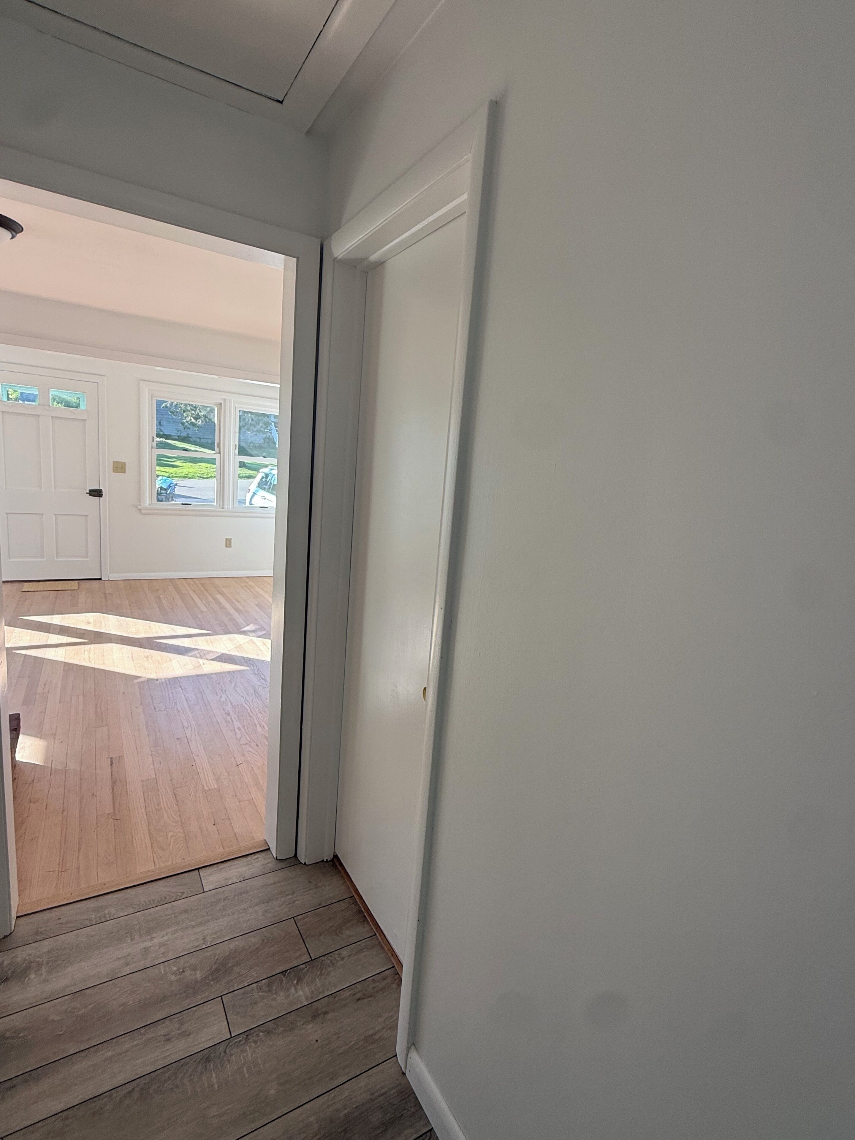 A hallway with a wooden floor leading to a white door, a window with a view of a parked car and greenery outside.
