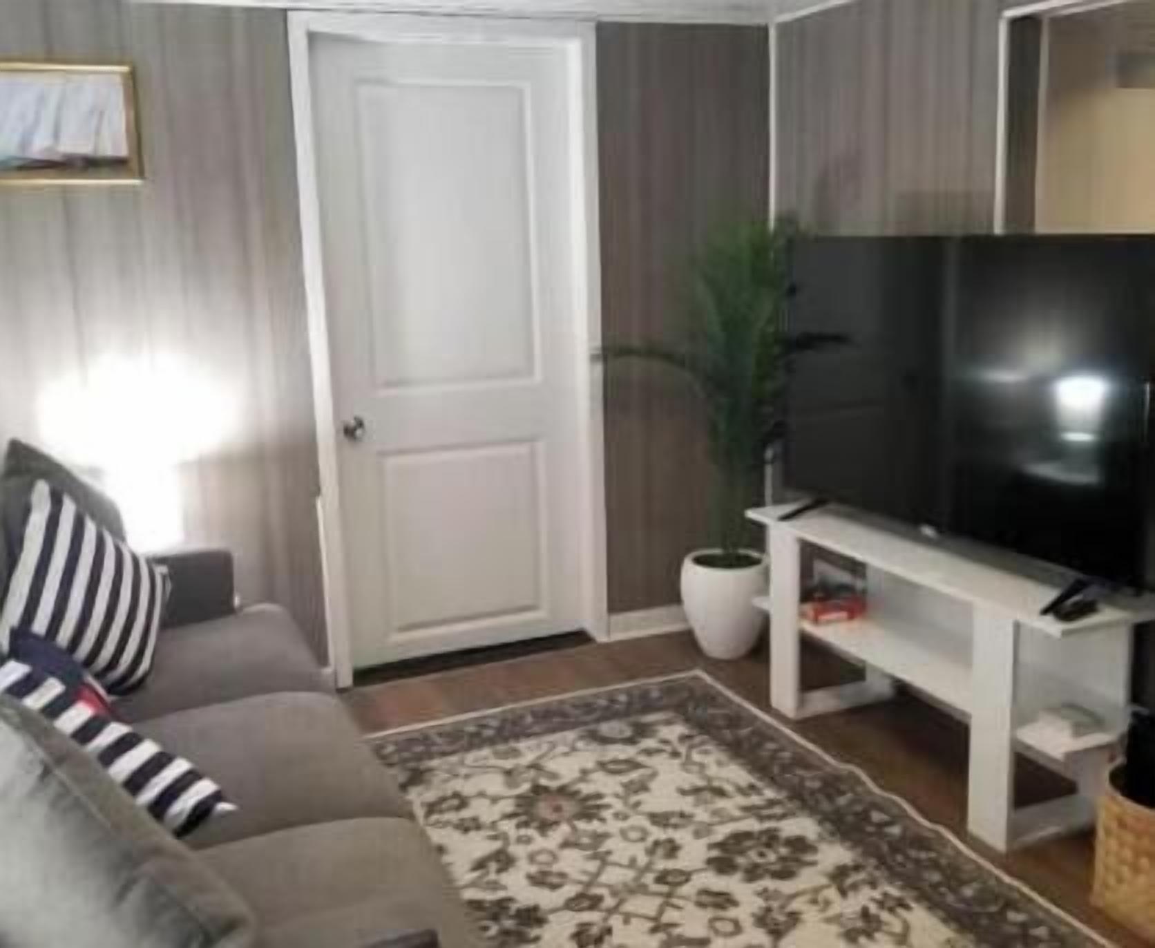 A living room with a television, sofa, and a door.