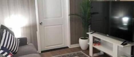 A living room with a television, sofa, and a door.