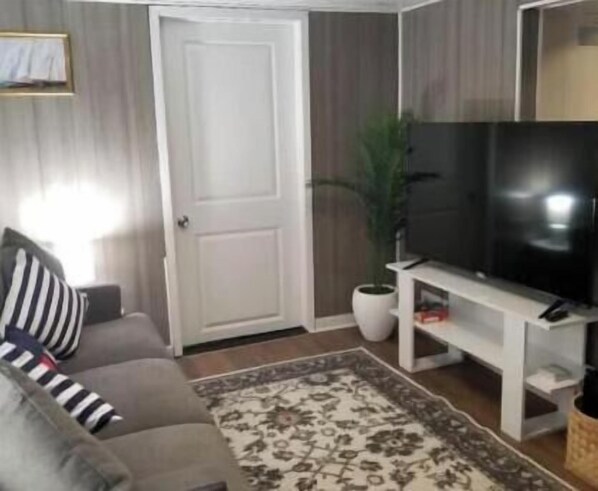 Ein Wohnzimmer mit Fernseher, Sofa und einer Tür.