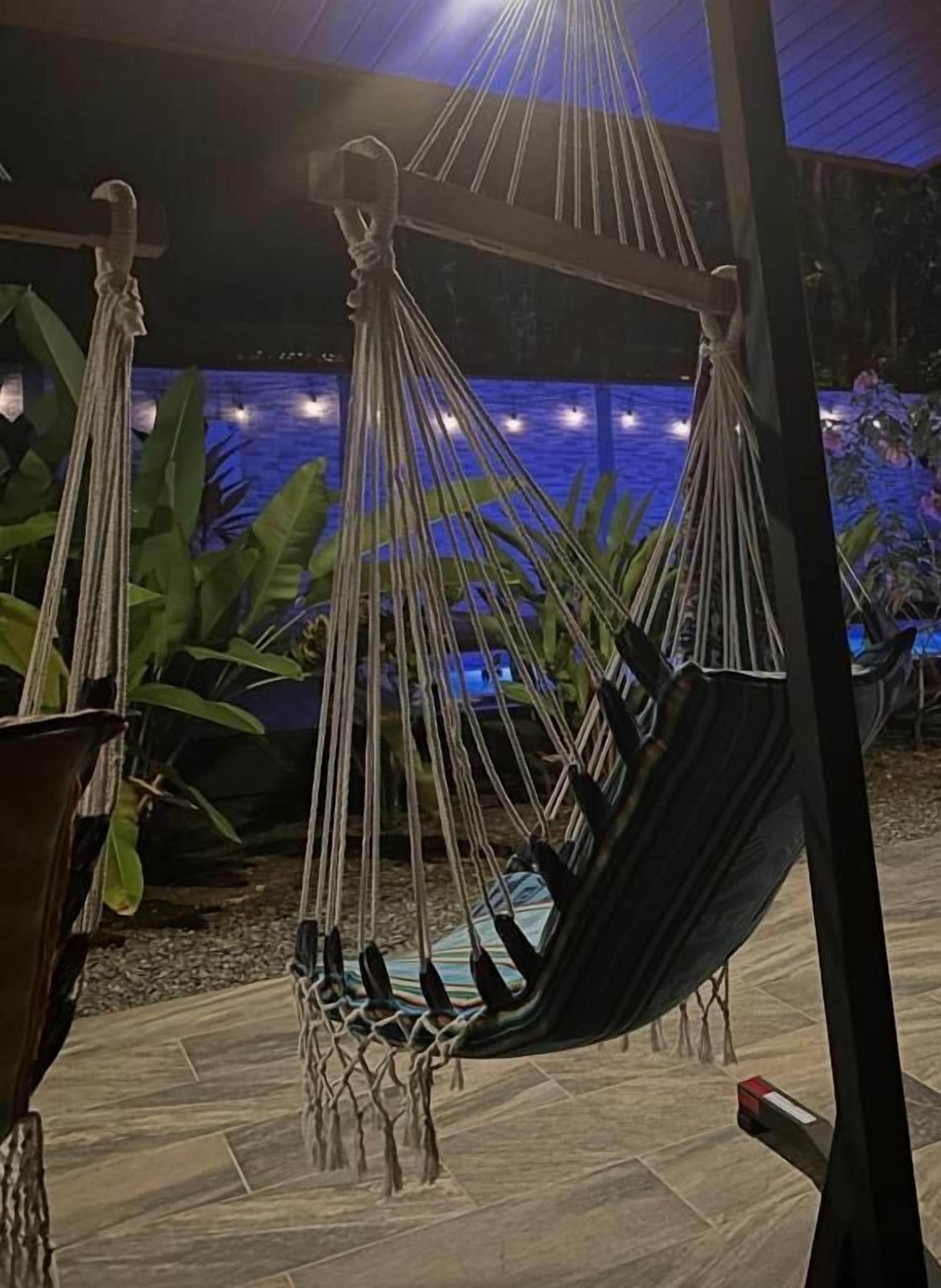 A hammock chair with a netted base, set against a backdrop of a pool and plants.