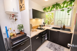 Cocina compacta con lavavajillas integrado, un lavabo y una estufa. Se aprecia una ventana con vistas al exterior, con vegetación.